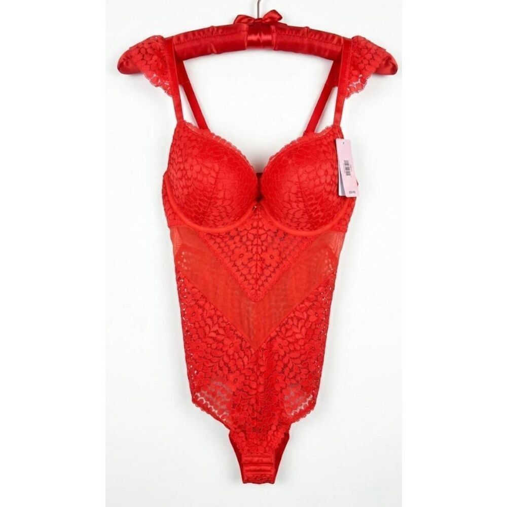 U& a womens 38D red lace lingerie bodysuit sheer